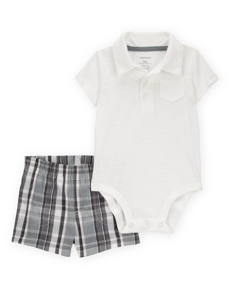 Baby Boy 2-Piece Polo Bodysuit & Plaid Short Set - Ivory/Grey, image 1 of 3 slides