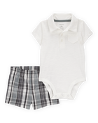 Baby Boy 2-Piece Polo Bodysuit & Plaid Short Set - Ivory/Grey, image 1 of 3 slides