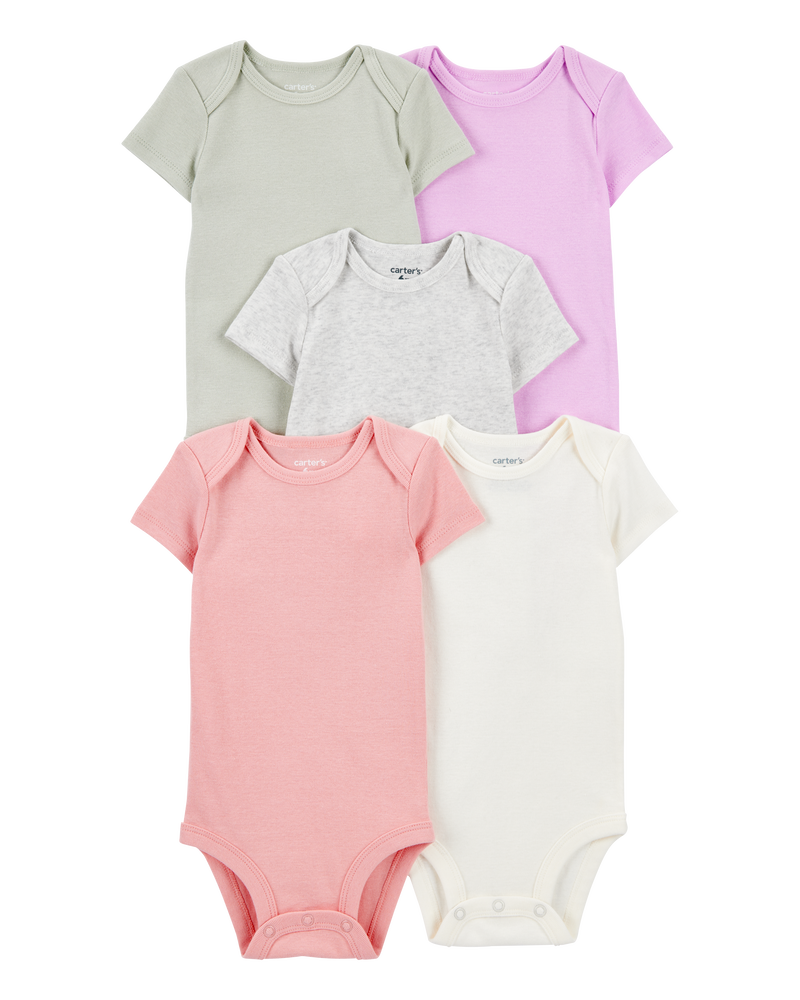 Baby Girl 5-Pack Solid Short-Sleeve Cotton Bodysuits, image 1 of 7 slides