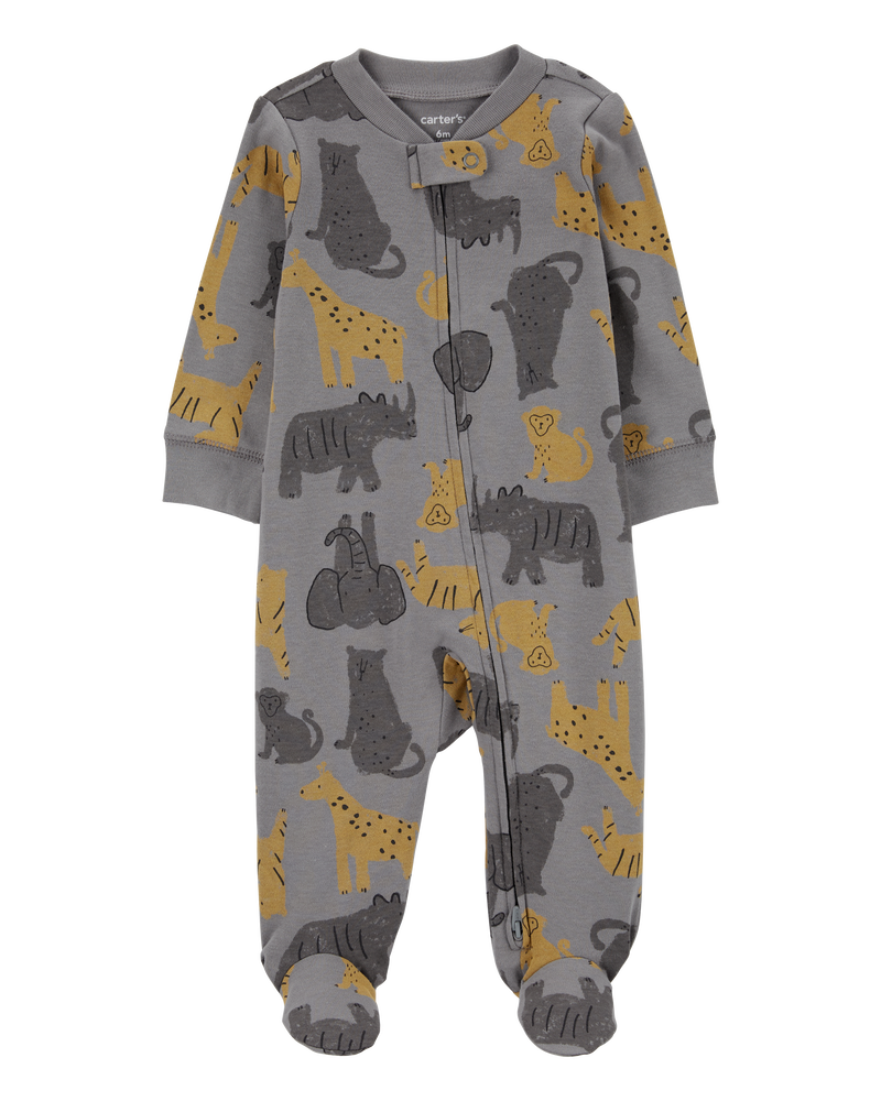 Baby Boy Safari Animal 2-Way Zip Sleep & Play Pajamas, image 1 of 3 slides