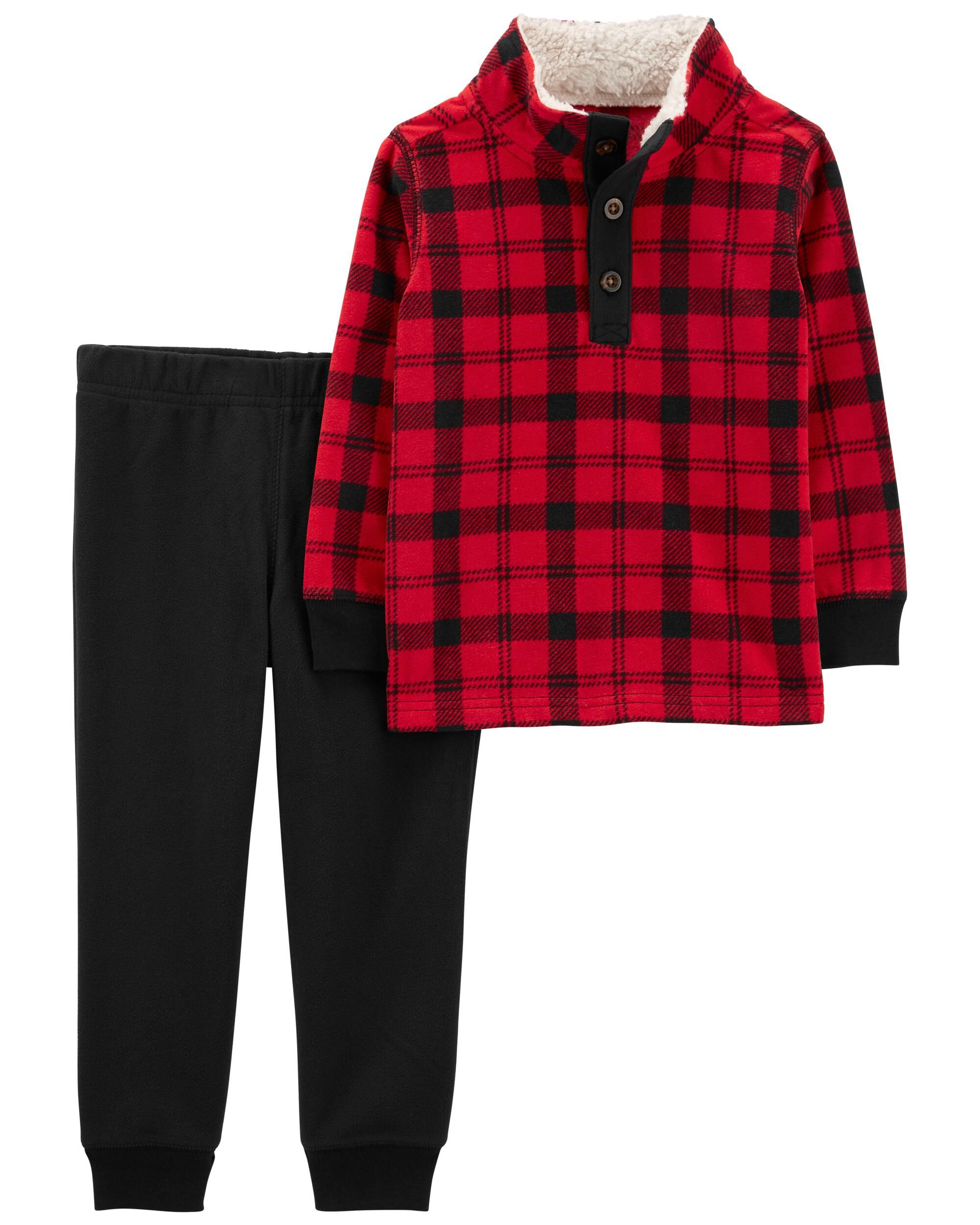 Red Black 2 Piece Buffalo Check Fleece Pullover Jogger Set skiphop