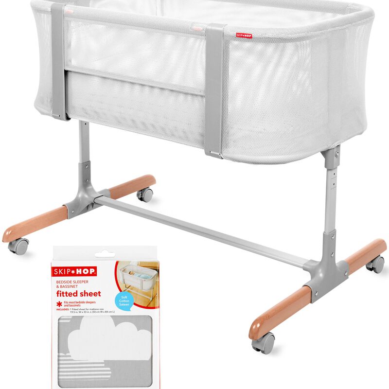 Grey & White Clouds Cozy-Up 2-in-1 Bedside Sleeper & Bassinet Fitted Sheet - Grey Clouds | skiphop.com