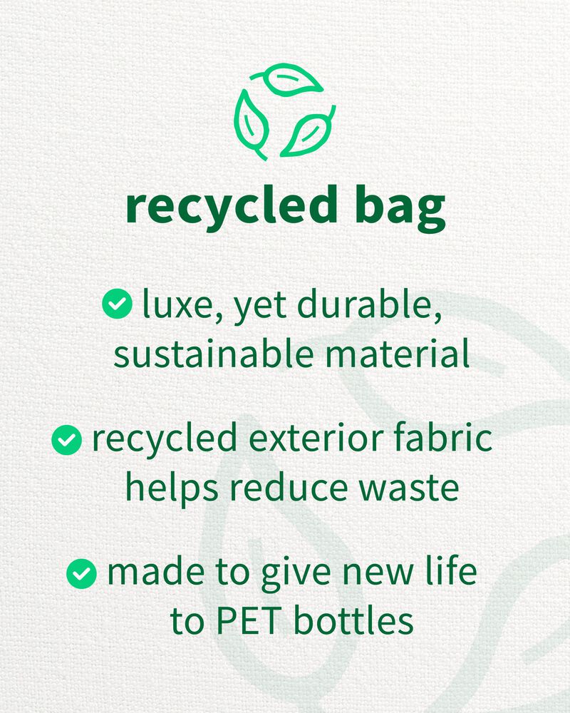 Recycled Bag , luxe , yet durable, sustainable material , recycled exterior fabric helps reduce waste, made to give life to new PET bottles