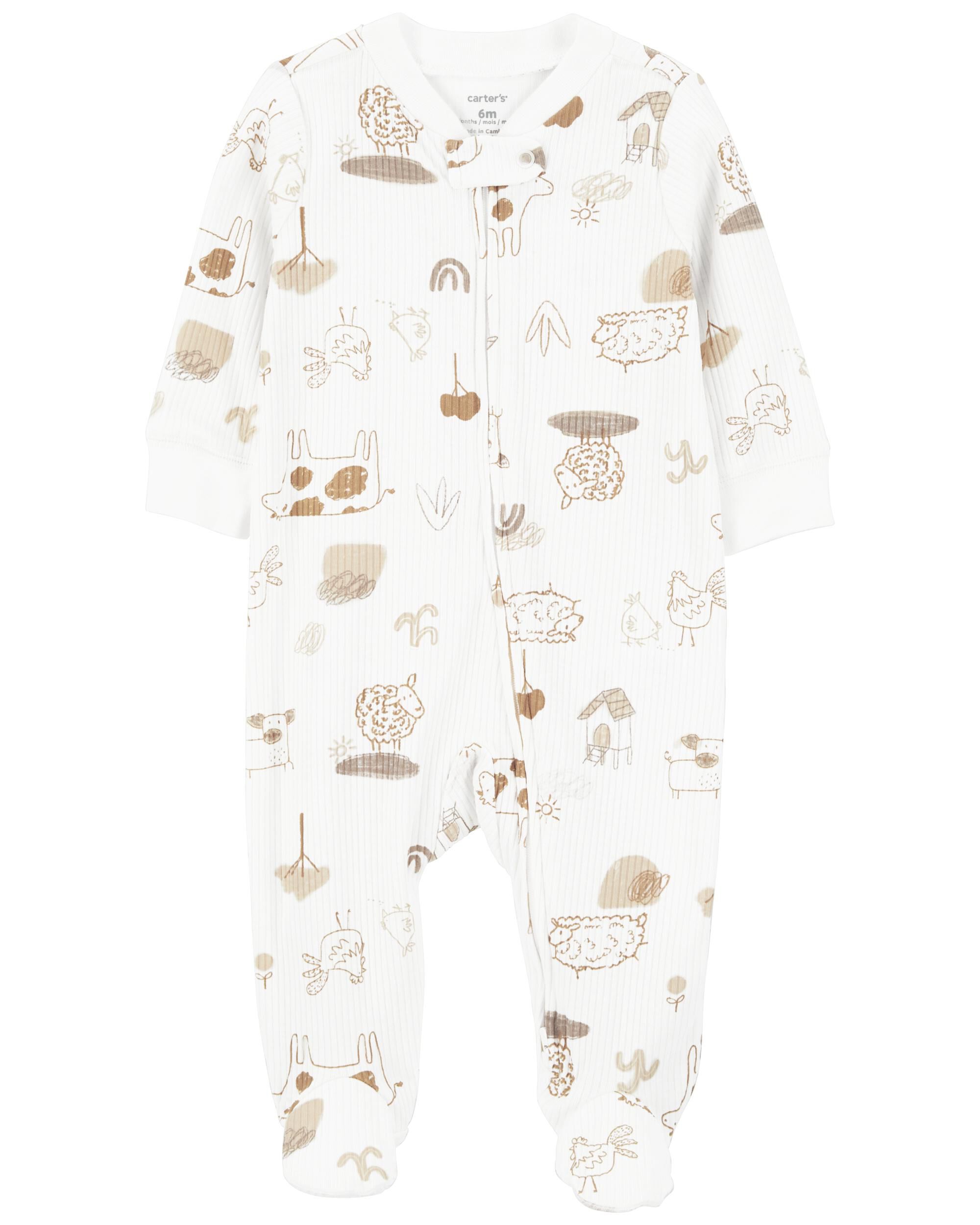 Ivory Baby Animals 2 Way Zip Cotton Blend Sleep Play Pajamas