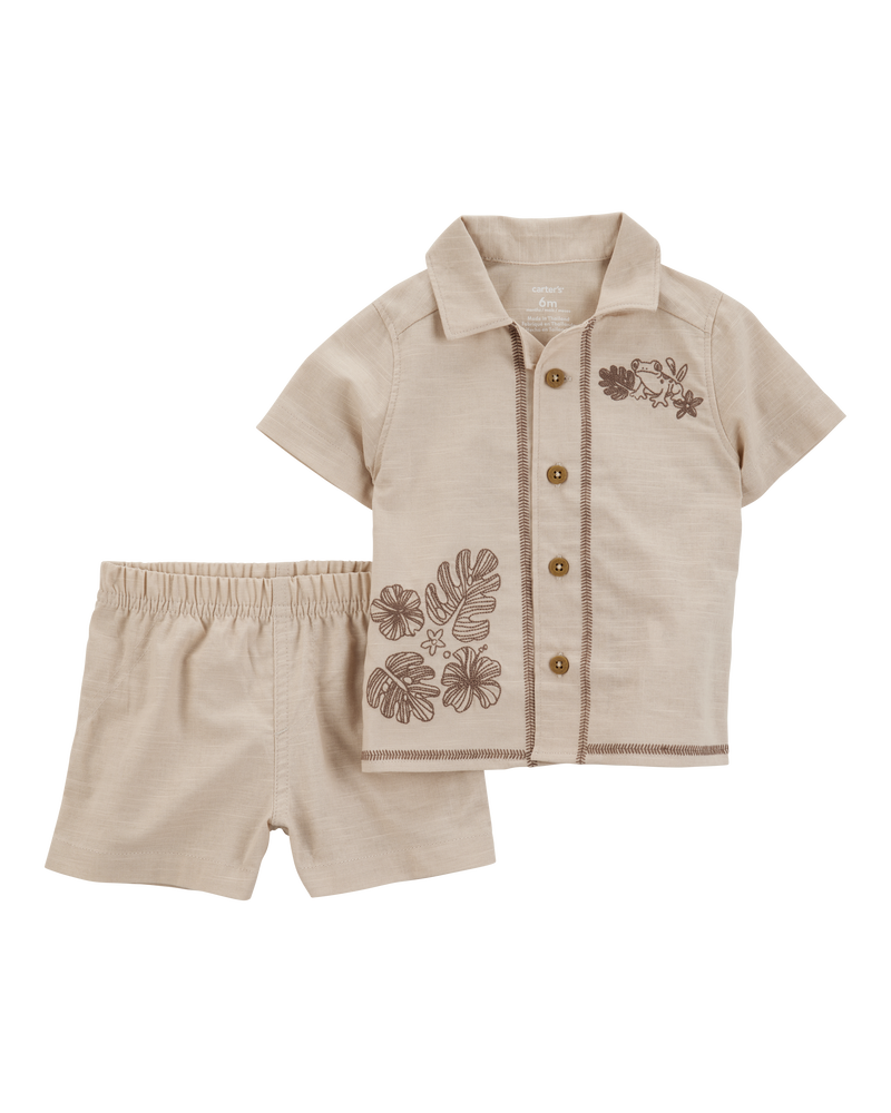 Baby 2-Piece Shirt & Short Set with Embroidered Frog - Khaki, image 1 of 4 slides
