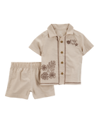 Baby 2-Piece Shirt & Short Set with Embroidered Frog - Khaki, image 1 of 4 slides