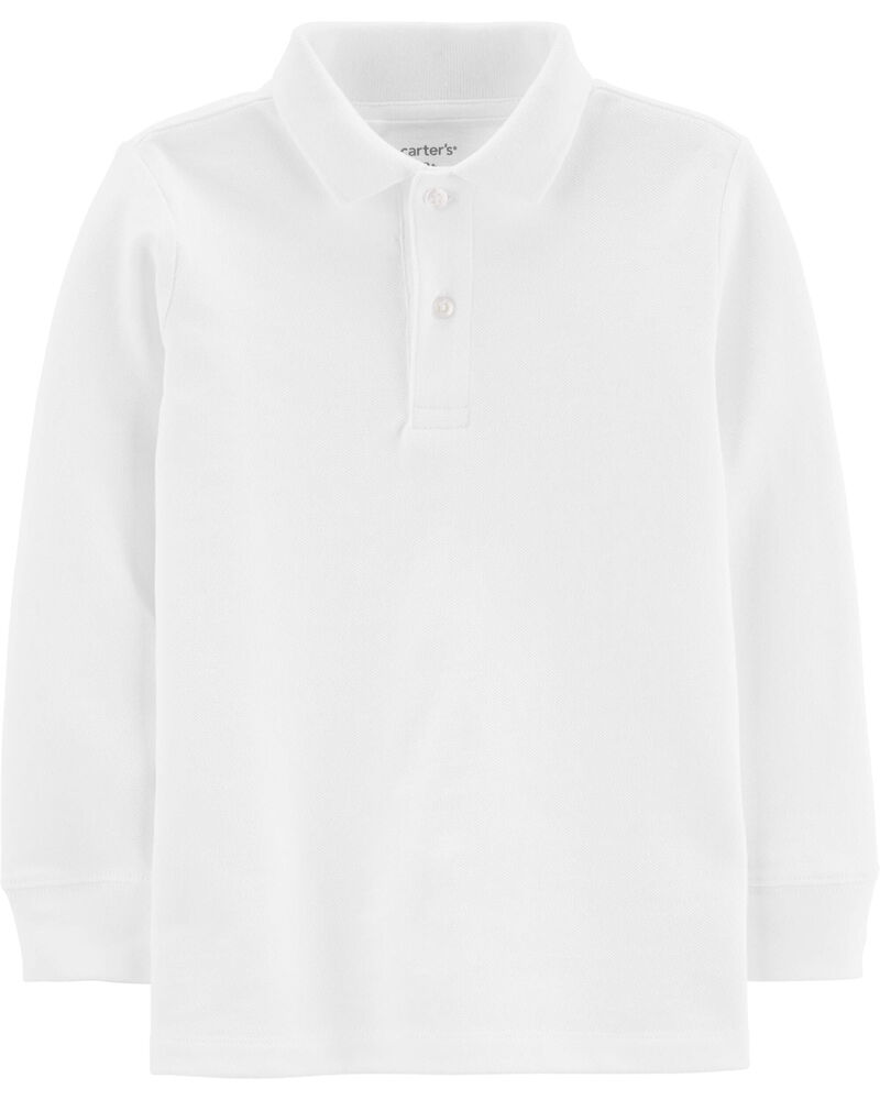 Toddler White Long Sleeve Polo Uniform Shirt, image 1 of 3 slides