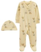 Baby 2-Piece 2-Way Zip Sleep & Play Pajamas & Cap Set, image 1 of 3 slides