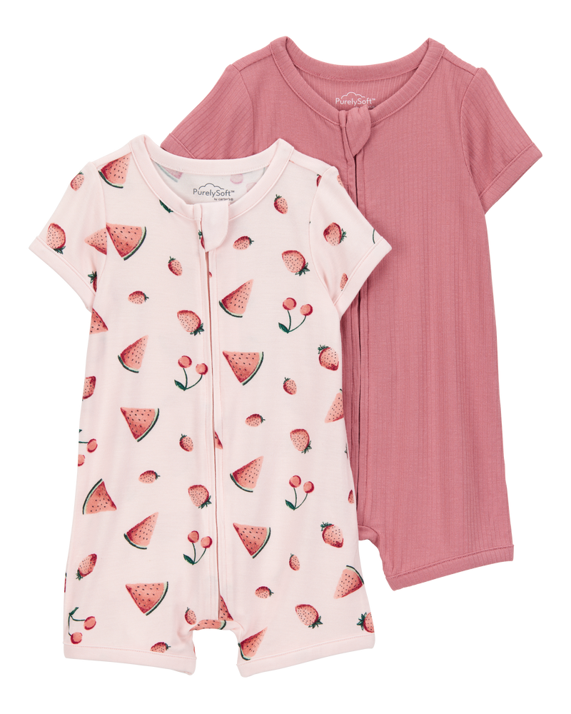Baby Girl 2-Pack PurelySoft Zip-Up Rompers - Pink, image 1 of 6 slides