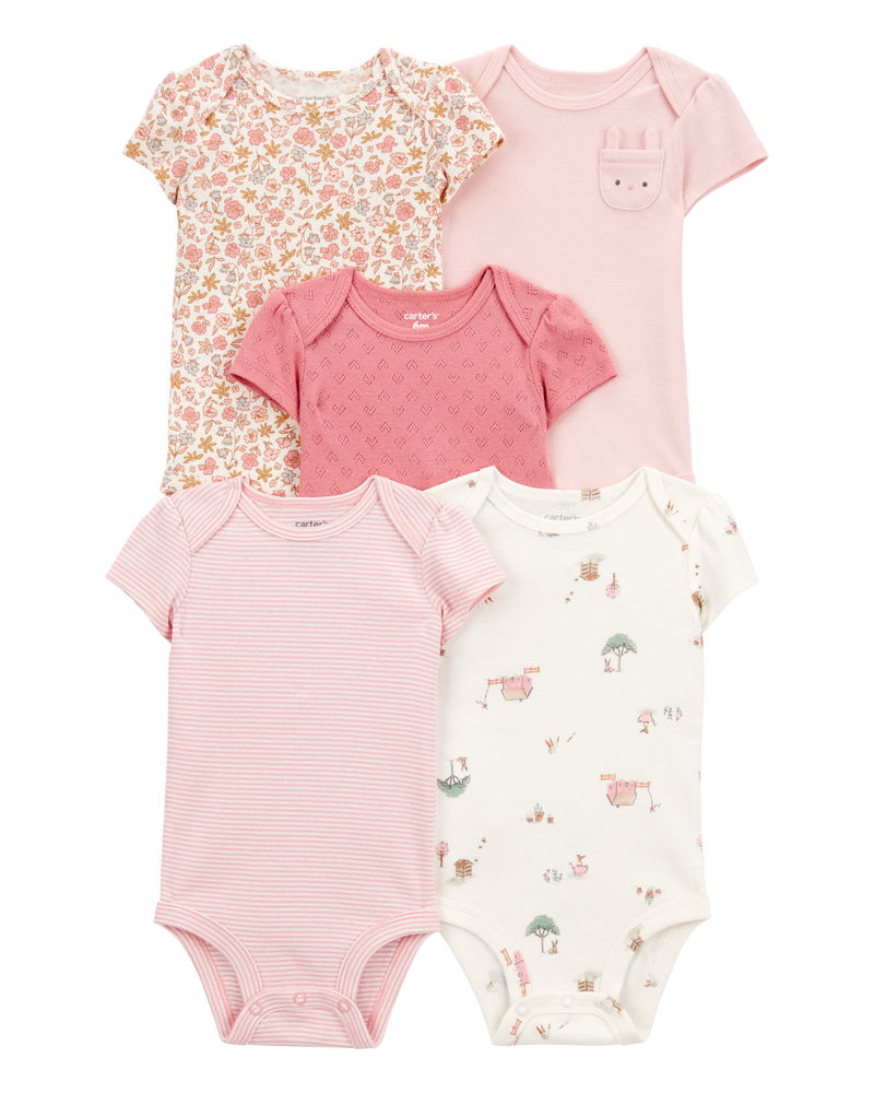 Baby Girl 5-Pack Floral Bunny Short-Sleeve Cotton Bodysuits - Pink, image 1 of 8 slides