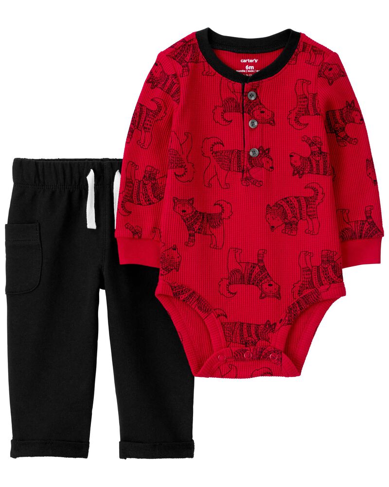 Red/Black Baby 2-Piece Dog Thermal Bodysuit Pant Set