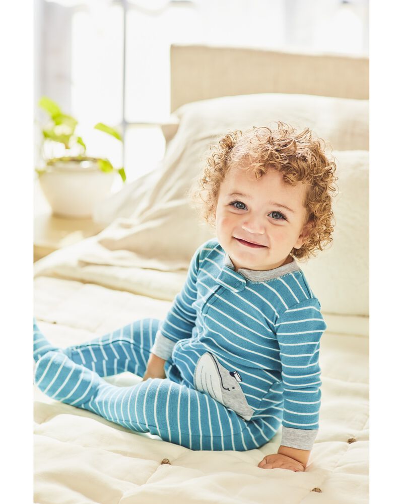 Baby 1-Piece Striped Whale 100% Snug Fit Cotton Footie Pajamas, image 2 of 4 slides