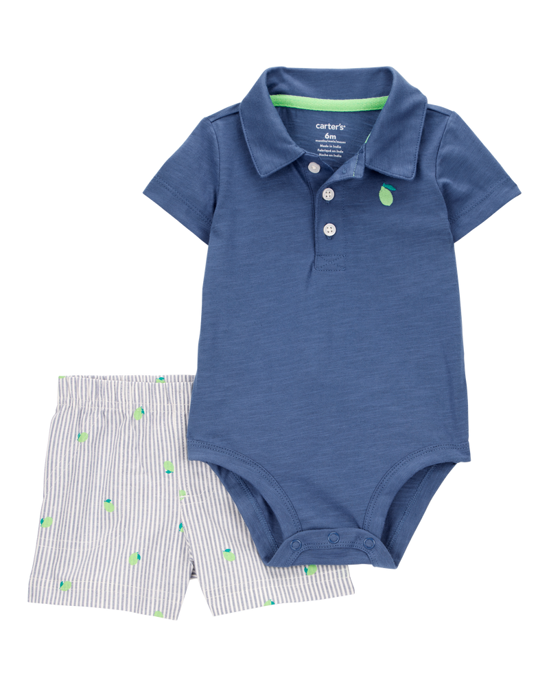 Baby Boy 2-Piece Polo Bodysuit & Striped Short Set - Navy, image 1 of 3 slides