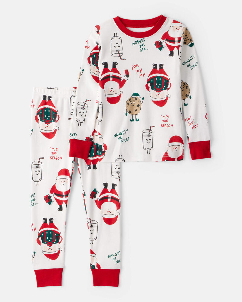Toddler Christmas Santa Print 100% Cotton Long-Sleeve Snug Fit 2-Piece Pajamas - White, image 1 of 3 slides