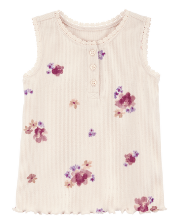 Baby Rib Floral Print Tank Top - Ivory, 