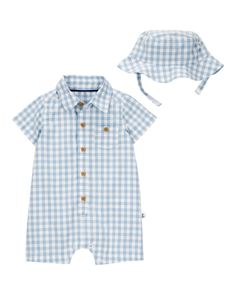 Baby 2-Piece Gingham Romper & Hat Set -Blue, image 1 of 3 slides