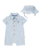 Baby 2-Piece Gingham Romper & Hat Set -Blue, image 1 of 3 slides