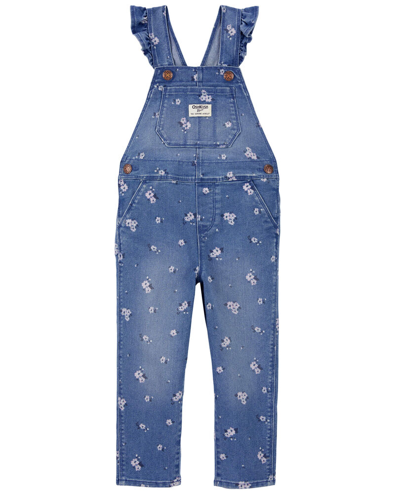 Toddler Floral Print Ruffle Stretch Denim Overalls, image 1 of 5 slides