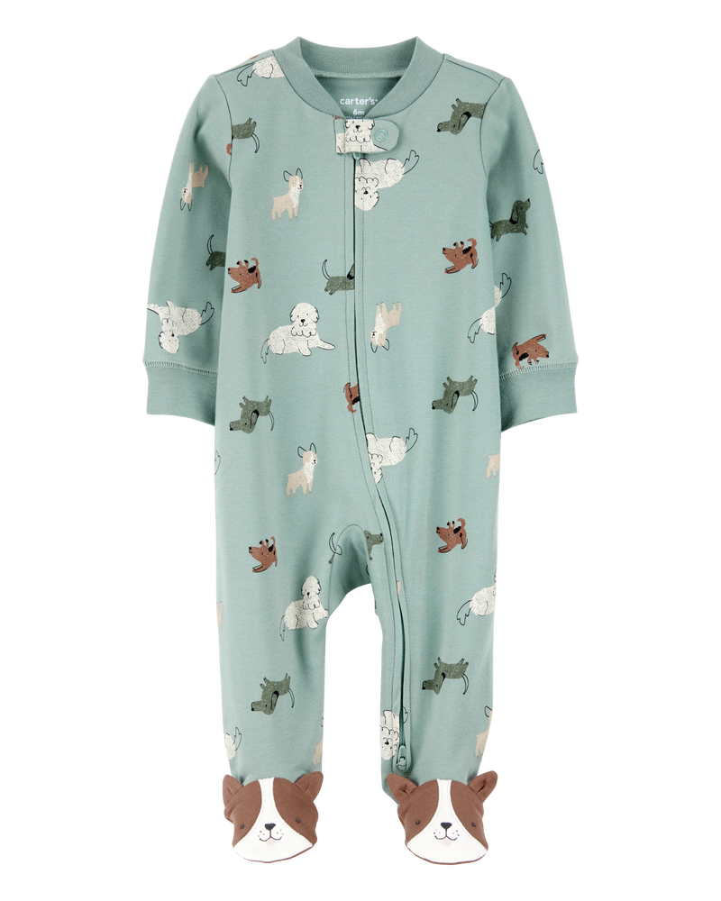 Baby Boy Dog Print 2-Way Zip Cotton Sleep & Play Pajamas - Green, image 1 of 4 slides
