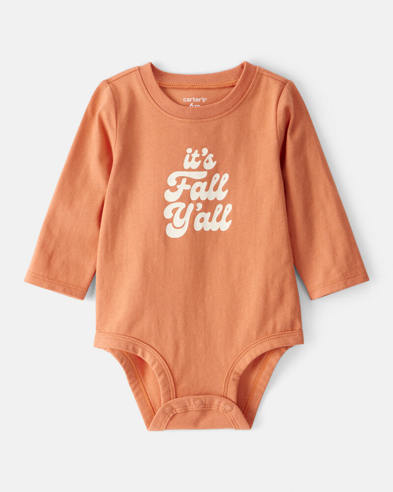 Baby Its Fall Y'all Cotton Long-Sleeve Graphic Bodysuit - Orange, image 1 of 3 slides