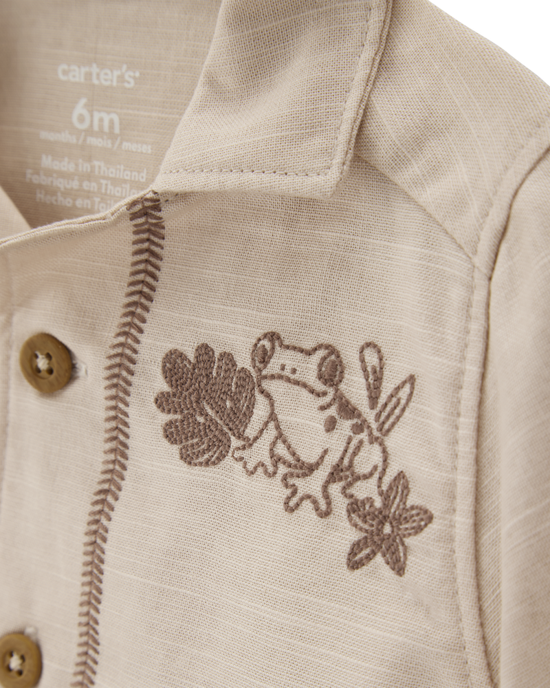 Baby 2-Piece Shirt & Short Set with Embroidered Frog - Khaki, image 2 of 4 slides