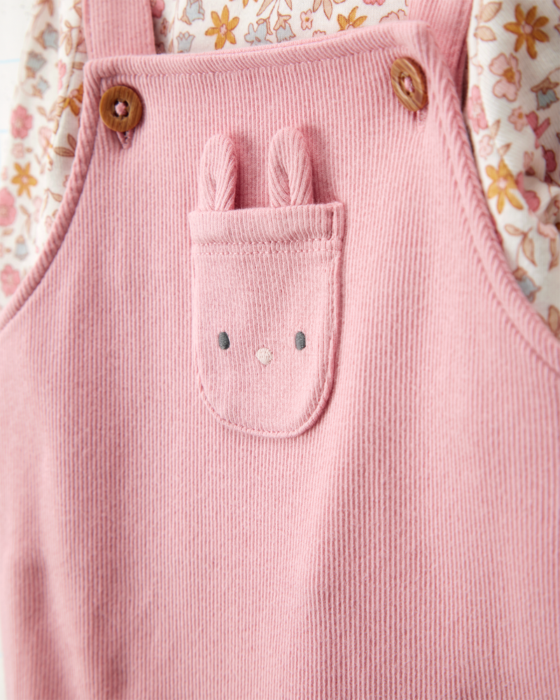 Baby 2-Piece Floral Bunny Long-Sleeve Tee & Coverall Set - Pink, image 3 of 7 slides