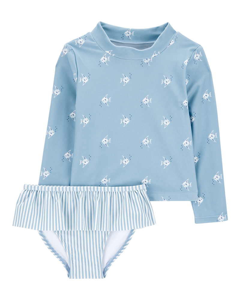 Baby Girl 2-Piece Shell Striped Long-Sleeve Rashguard Swim Set - Blue, image 1 of 3 slides