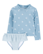 Baby Girl 2-Piece Shell Striped Long-Sleeve Rashguard Swim Set - Blue, image 1 of 3 slides