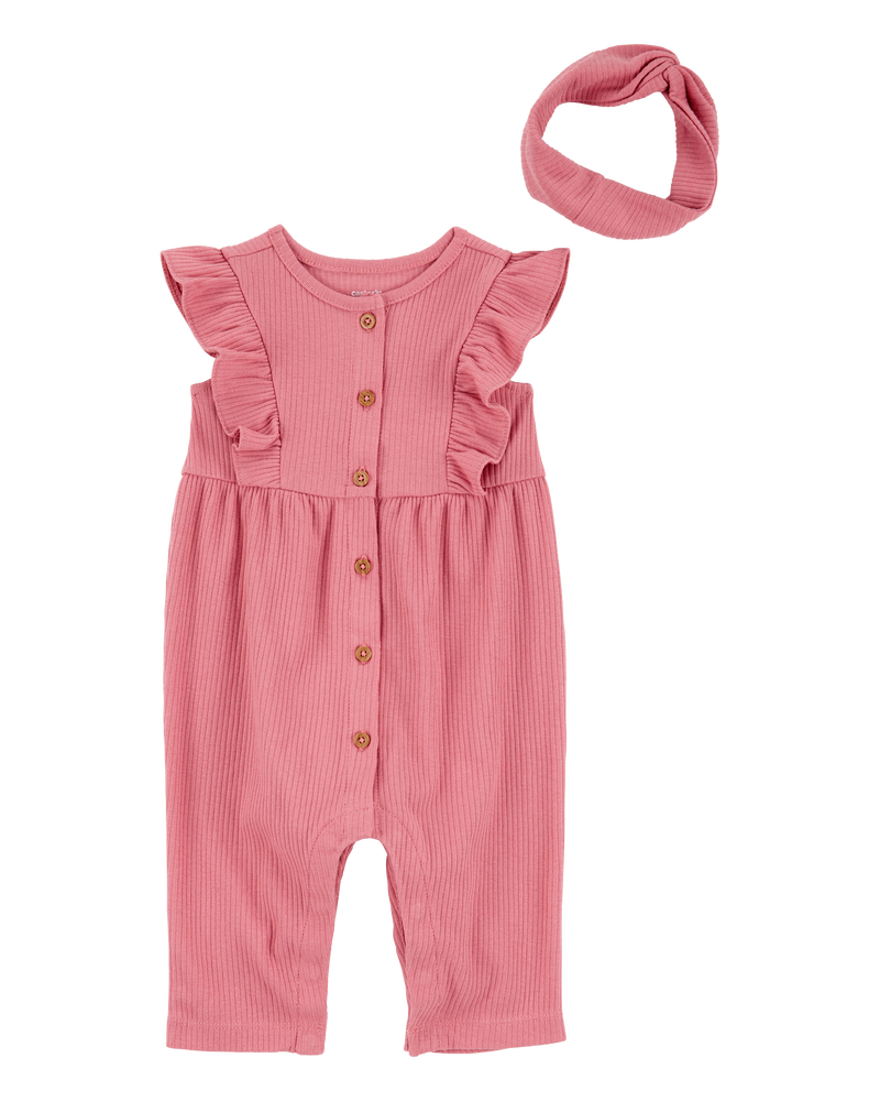 Baby Girl 2-Piece Solid Flutter-Sleeve Relaxed Fit Jumpsuit & Headwrap Outfit Set - Pink
, image 1 of 4 slides