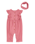 Baby Girl 2-Piece Solid Flutter-Sleeve Relaxed Fit Jumpsuit & Headwrap Outfit Set - Pink
, image 1 of 4 slides