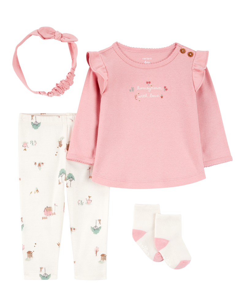 Baby 4-Piece Farm Print Outfit Set - White/Pink, image 1 of 5 slides