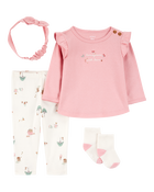 Baby 4-Piece Farm Print Outfit Set - White/Pink, image 1 of 5 slides
