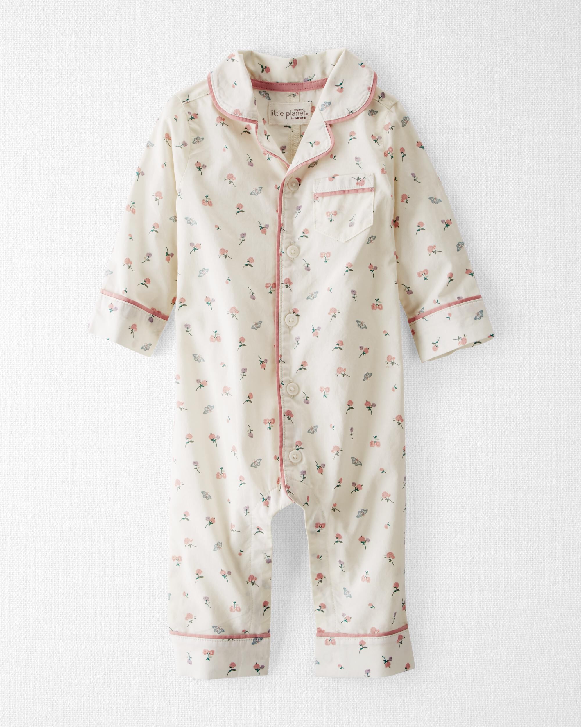 Ivory Baby Floral Print Organic Cotton Coat Style 1 Piece Pajamas skiphop