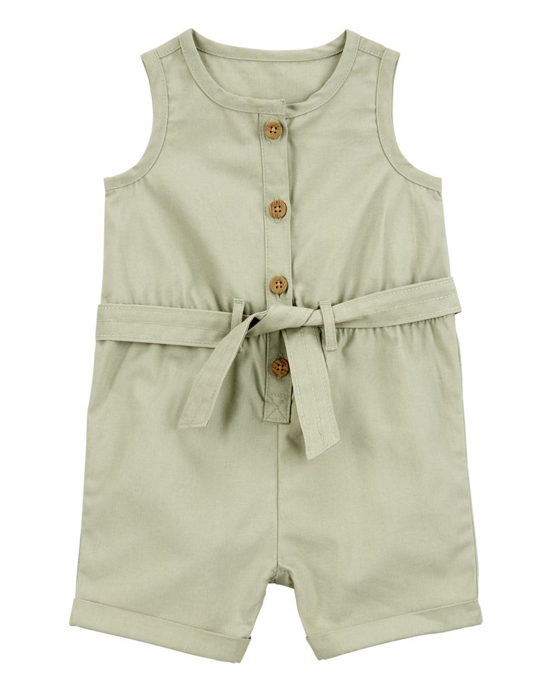 Baby Girl Sleeveless Canvas Romper - Olive, image 1 of 3 slides
