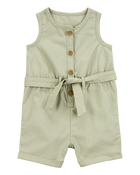 Baby Girl Sleeveless Canvas Romper - Olive, image 1 of 3 slides