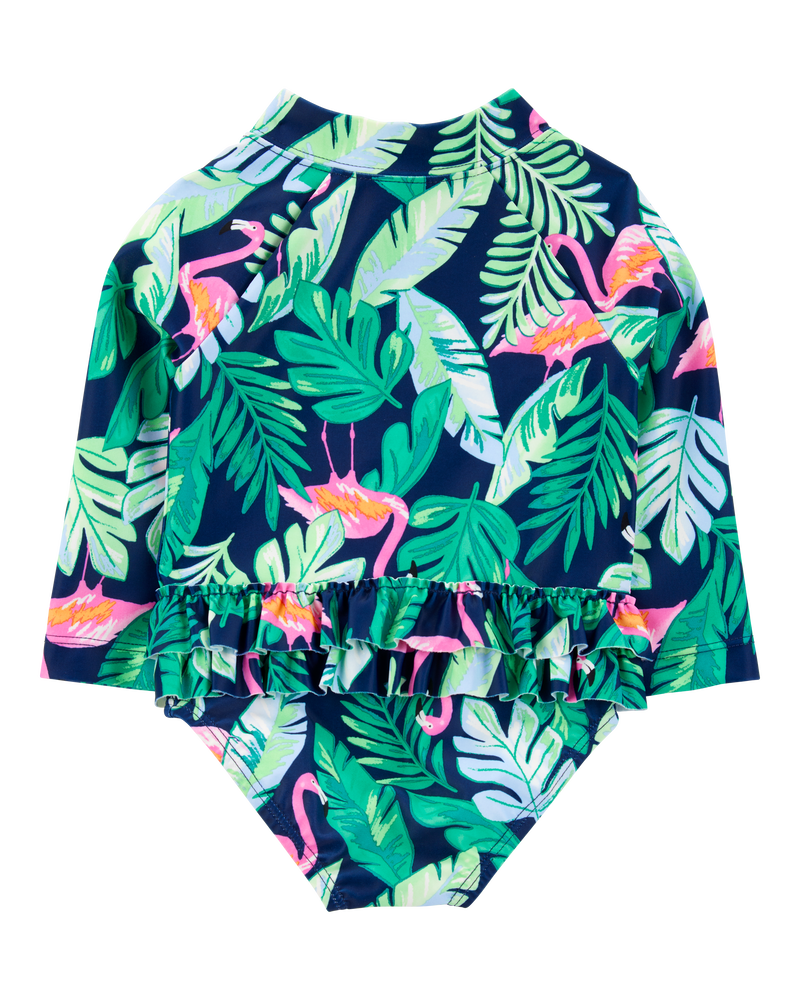 Baby Girl 1-Piece Tropical Flamingo Long-Sleeve Rashguard Swimsuit, image 3 of 5 slides
