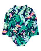 Baby Girl 1-Piece Tropical Flamingo Long-Sleeve Rashguard Swimsuit, image 3 of 5 slides