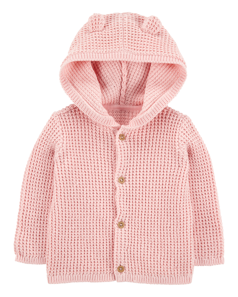 Baby Hooded Waffle Knit Cardigan - Pink, image 1 of 3 slides