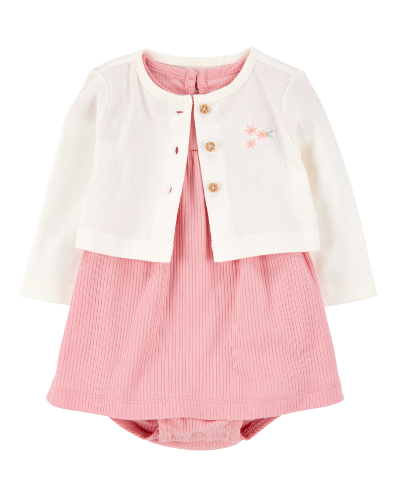 Baby 2-Piece Bodysuit Dress & Cardigan Set - Pink/Ivory, image 1 of 8 slides
