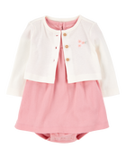 Baby 2-Piece Bodysuit Dress & Cardigan Set - Pink/Ivory, image 1 of 8 slides