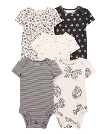 Baby Girl 5-Pack Striped Butterfly Short-Sleeve Cotton Bodysuits - Black/White, 