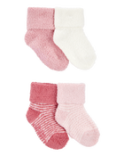 Baby 4-Pack Chenille Foldover Cuff Booties - Pink/White, image 1 of 2 slides