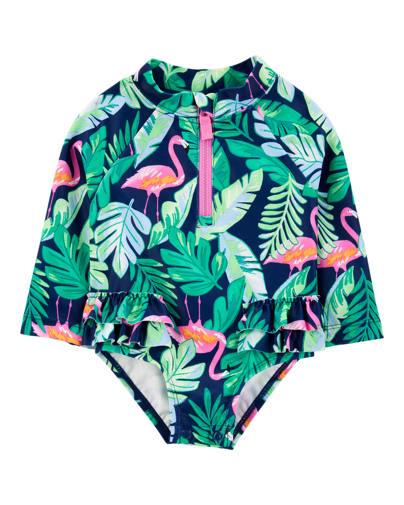 Baby Girl 1-Piece Tropical Flamingo Long-Sleeve Rashguard Swimsuit, image 1 of 5 slides