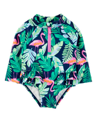 Baby Girl 1-Piece Tropical Flamingo Long-Sleeve Rashguard Swimsuit, image 1 of 5 slides