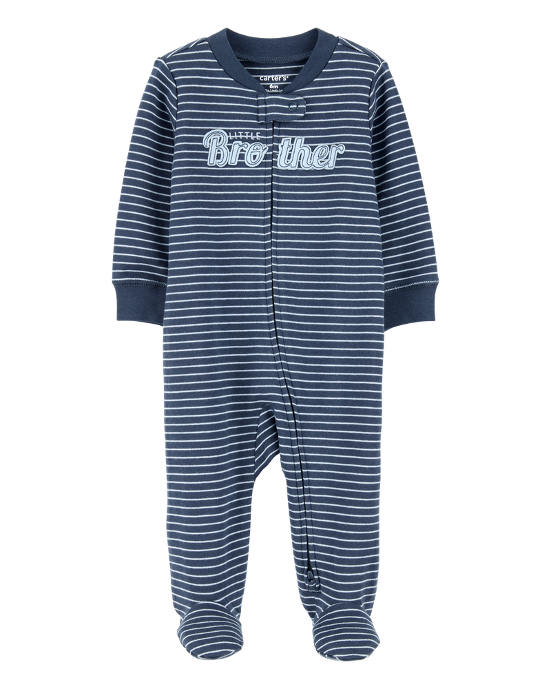 Baby Boy Striped Little Bro 2-Way Zip Cotton Sleep & Play Pajamas - Blue, image 1 of 3 slides