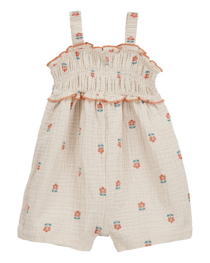 Baby Smocked Floral Print Sleeveless Romper - Cream, image 1 of 4 slides