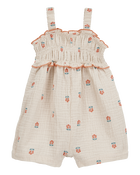Baby Smocked Floral Print Sleeveless Romper - Cream, image 1 of 4 slides