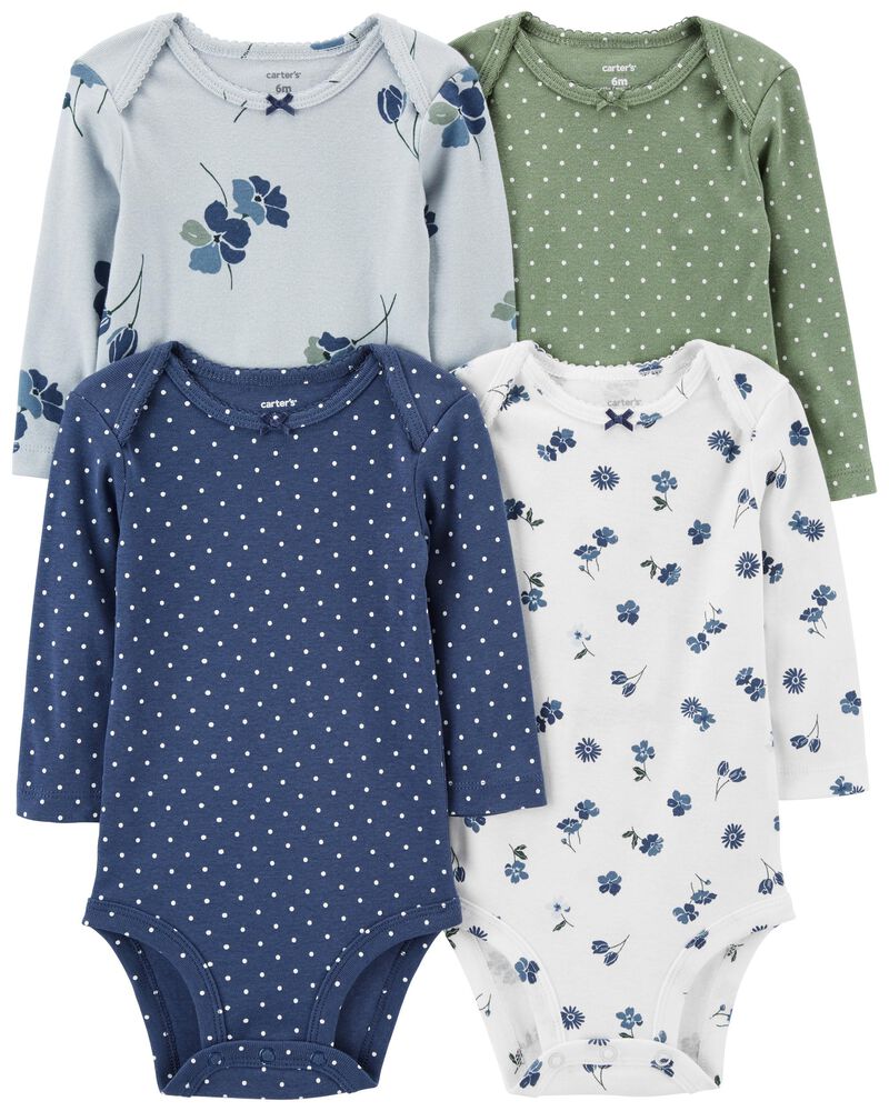 Baby 4-Pack Long-Sleeve Floral & Polka Dot Bodysuits, image 1 of 7 slides