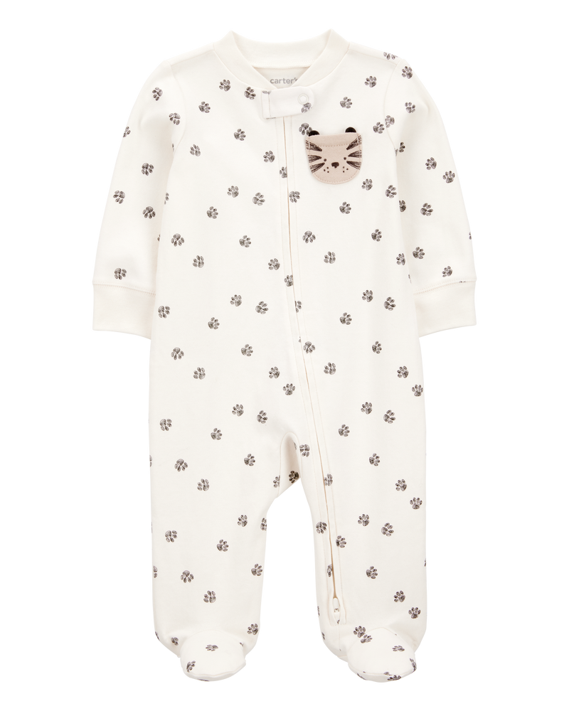 Baby Boy Tiger Print 2-Way Zip Cotton Sleep & Play Pajamas - Ivory, image 1 of 4 slides