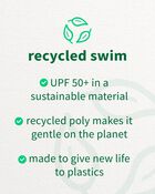 Recycled Swim , UPF 50+ in a sustainable material, recycled poly makes it gentle on the planet, made to give new life to plastics